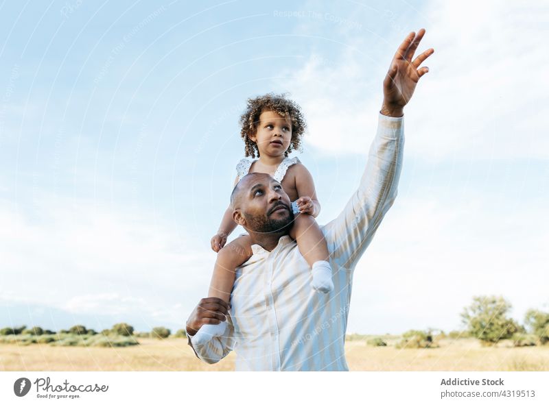 Delighted black father and daughter having fun in summer field on shoulders play ride together child playful game african american ethnic happy kid cheerful