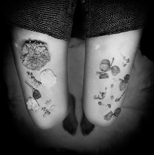 legs with dried flowers III body woman dress home bed romantic performance conceptual beauty allure feeling style arty human people lifestyle black and white