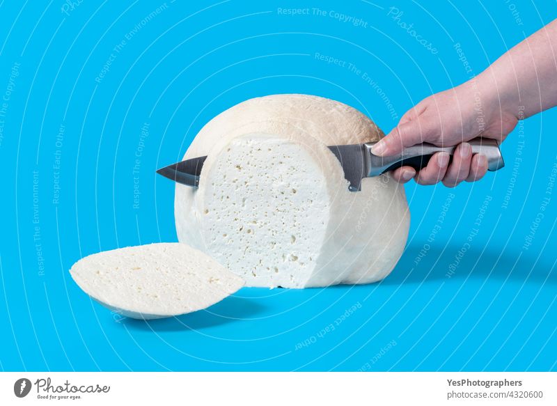 Woman hand slicing cheese with a knife. Block of fresh cheese. background big block blue breakfast chunk close-up color cow cuisine cut cut out dairy delicious