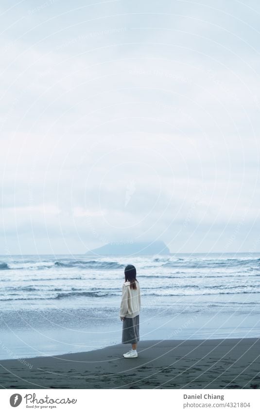Girl Looking At The Island On The Beach Ocean Waves waiting 1 lonely alone standing mood Moody moody atmosphere young teen female woman lifestyle person girl