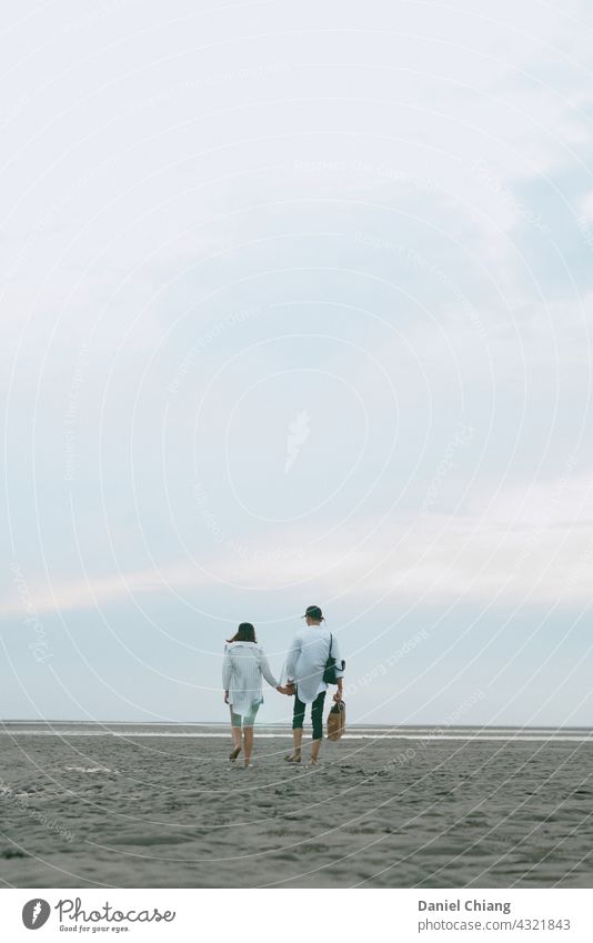 Couple Walking On The Empty Beach couple love Romance Love Relationship Infatuation Happy Together Lovers Trust Affection Harmonious Summer Emotions Related