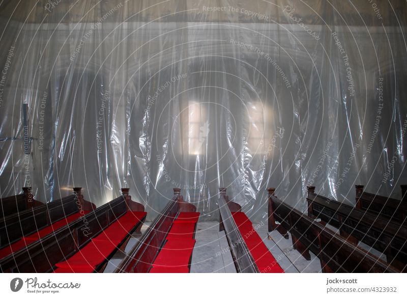 canvas-covered church tarpaulin Tarp Protection Church pew Bench Religion and faith House of worship refurbishment Flash photo Deserted Concealed Sanctuary