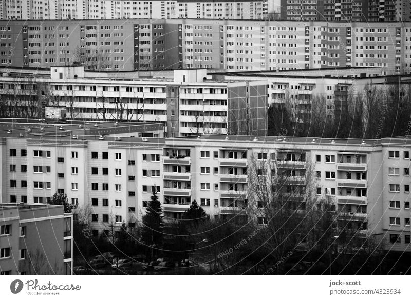 former workers lockers in black and white Prefab construction Facade Agreed Structures and shapes Marzahn Berlin Architecture Tower block Panorama (View) Style