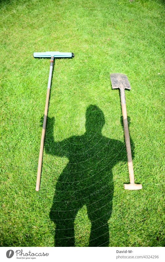 Gardening - gardening tools are ready garden tool Broom Spade Man Shadow hobby gardeners Gardener creatively Work and employment