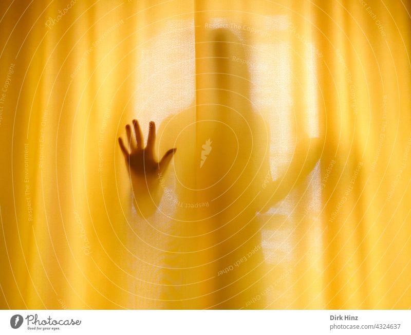 Person behind a yellow curtain Drape Window Shadow Interior shot Flat (apartment) Curtain Day Living or residing person Hand Show of hands stop Concealed covert