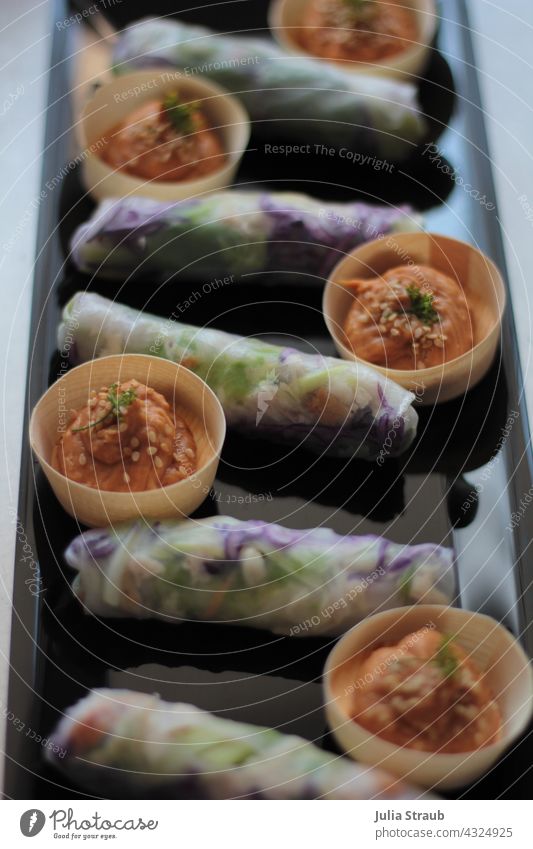 Summer rolls with peanut cream summer roles Asian Food Cooking Tasty Dish Meal Vegetable Fresh Lunch Bowl Snack Appetizer Finger food Crunchy Chicken