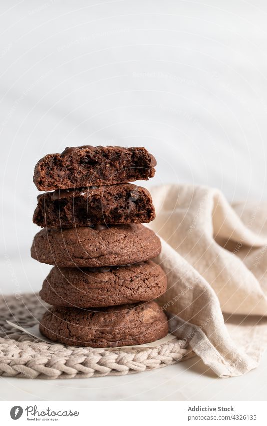 Stack of delicious chocolate cookies on table pile rye sweet stack dessert tasty homemade pastry plate wicker yummy biscuit snack bakery culinary baked heap