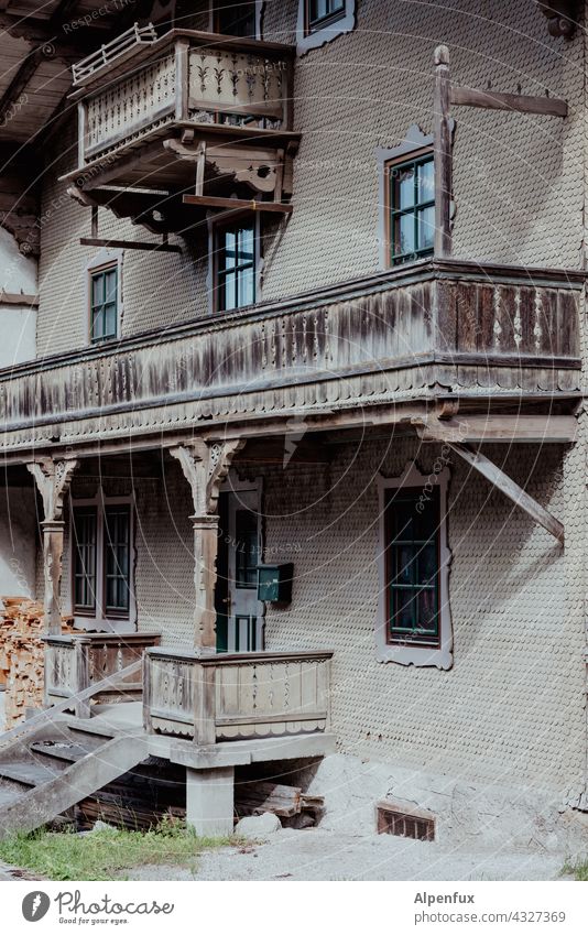 Back then wooden balcony old house House (Residential Structure) Architecture Building Deserted Facade Exterior shot Village Old Wooden house shingles