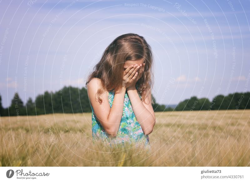Portrait of a sad, lonely girl in summer portrait Girl Summer Beautiful weather Loneliness on one's own desperate Grain field Cornfield Field 8 - 13 years Child