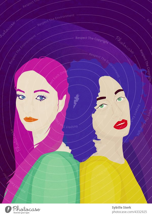 two young woman with brightly coloured hair standing back to back women sisterhood gay homosexual LGBT friends lovers romance free love youth self-love