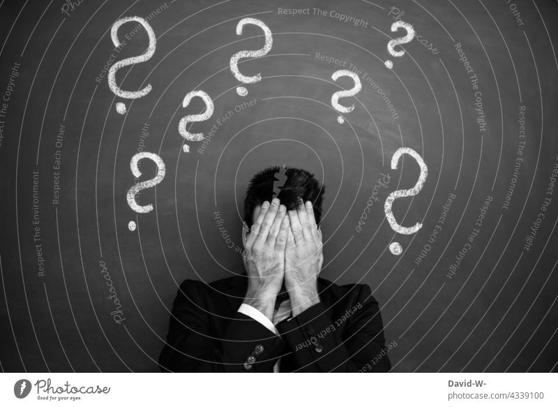Question mark over a desperate man's head Head Man Fears Fear of the future ? Problem Concern concept concept photography Irritation disorientation