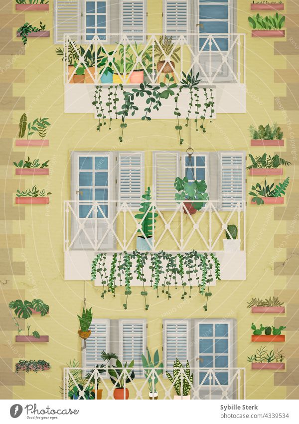 Apartment building with balconies covered in plants and wall planters green living house architecture windows doors shutters flowers palms ferns going green