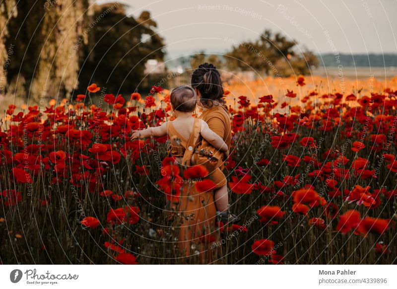 Mother with son standing in poppy field Child Son upbringing Family & Relations Parents maternity Emotions Infancy Joy mama Baby travel in common Poppy