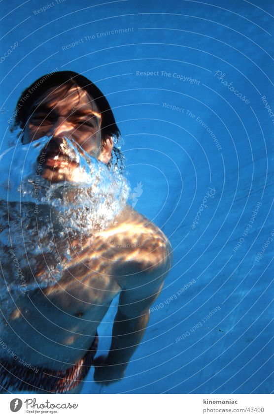emergence Summer Under Swimming pool Physics Light Air bubble Man Sun Water Blue Warmth
