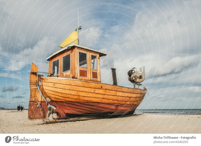Old fishing boat on the Baltic Sea beach fishing cutter Fishing boat Motor barge Baltic beach Ahlbeck Usedom Island Beach Ocean Sand Sky Clouds Nature Landscape