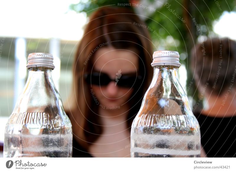 Behind glass Woman Blur Sunglasses Eyeglasses Glass Bottle Face Sit