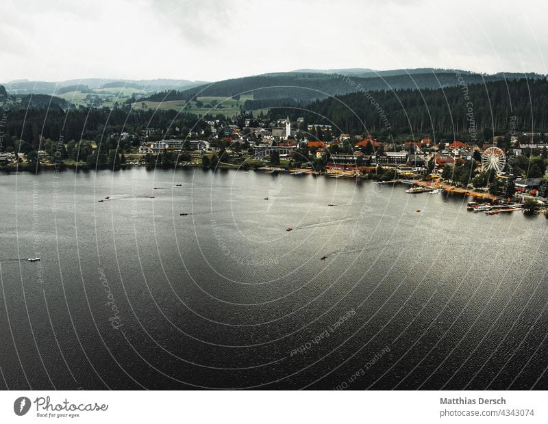 Titisee from the air Lake Titi Lakeside Nature Love of nature Aerial photograph droning Boating trip boats Leisure and hobbies free time vacation Vacation mood