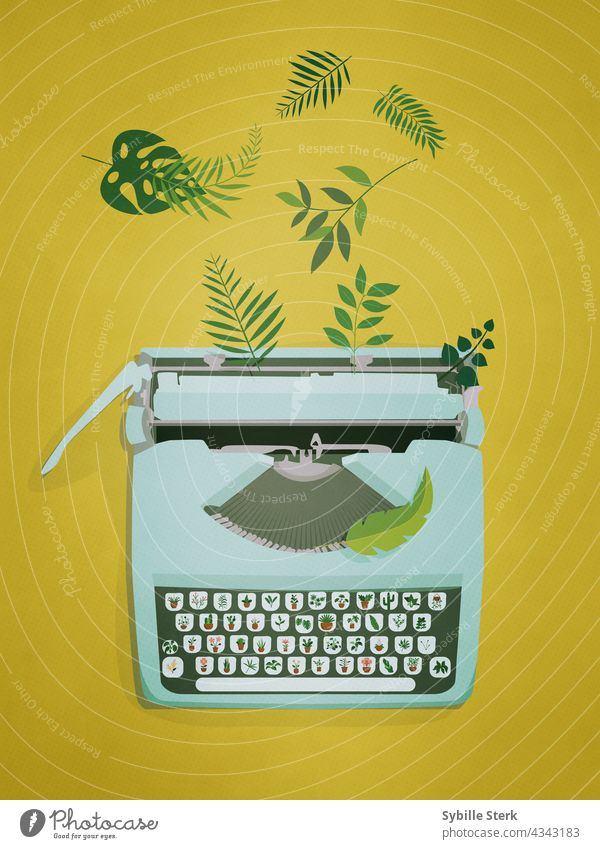 Retro light blue typewriter with plants on keys and leaves flying out of it retro typewriter typing gardening gardener growing nature ecology blog vlog writing