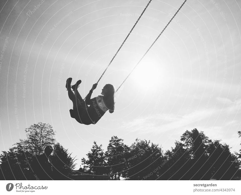 [PARKTOUR HH 2021] high above the ground Exuberance Joy Black & white photo Swing women muck about fun Happy Playing Playful Cheerful Release Freedom Lifestyle