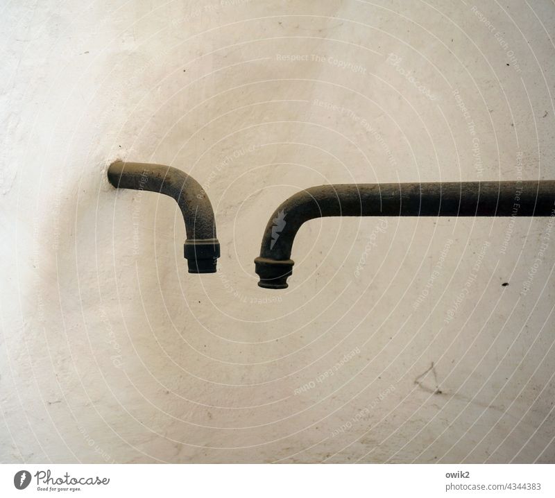 Open at the bottom reeds Water pipes flexed Tap Old Wall (building) Plastered Rendered facade Contrast Metal Copy Space top Copy Space bottom Copy Space left