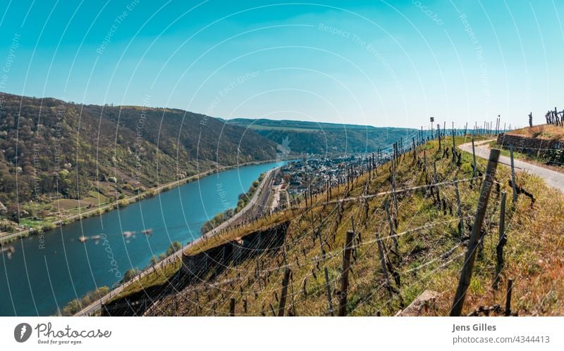 Wine Hille - River Mosel and blue sky - Rhineland - Germany wine winehill wine hill river Moselle rhine rhinland view no clouds high mountain mountain high