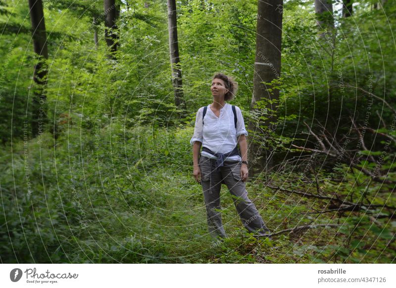 Woman hiking in forest | close to nature Day Joie de vivre (Vitality) Positive naturally pretty Happiness Smiling To enjoy Adults Young woman Feminine Freedom