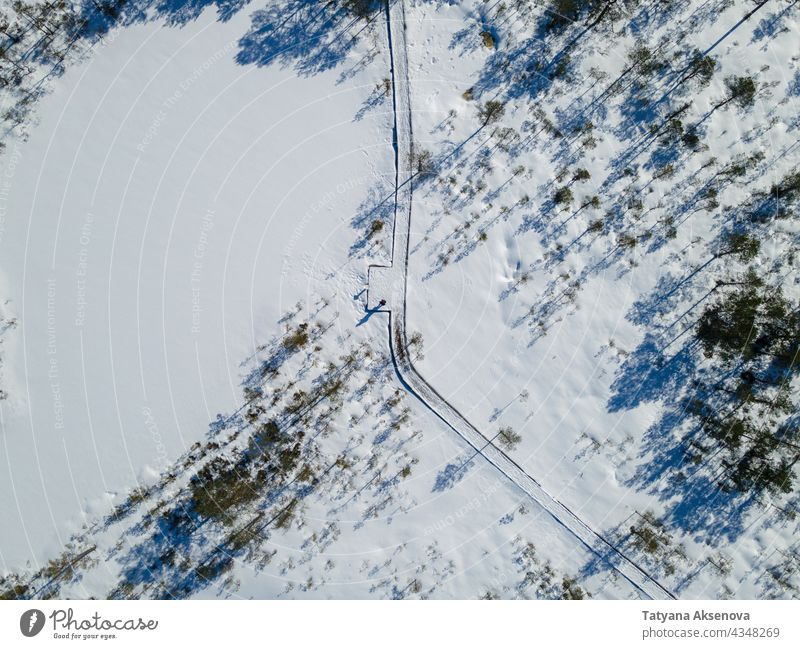 Aerial view to winter bog and forest snow swamp marsh aerial hiking estonia trail cold nature landscape tree outdoor weather snowy environment season travel