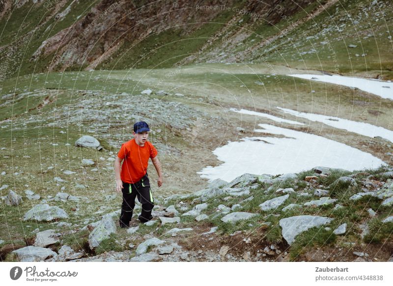 Little boy in a red t-shirt in front of a snow field on a mountain meadow with scree in South Tyrol Boy (child) snowfield mountains Meadow Mountain meadow