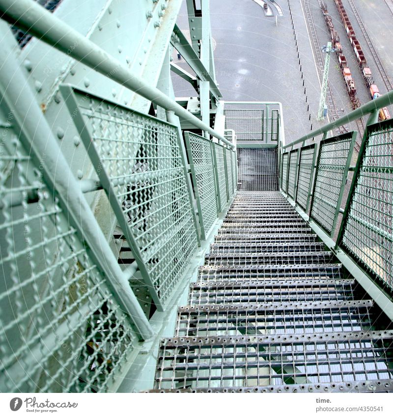 Art of the step Metal Tower Scaffolding Stairs Tall Deep rail Banister railway tracks Wagons Perspective Escape Manmade structures Architecture Mine tower