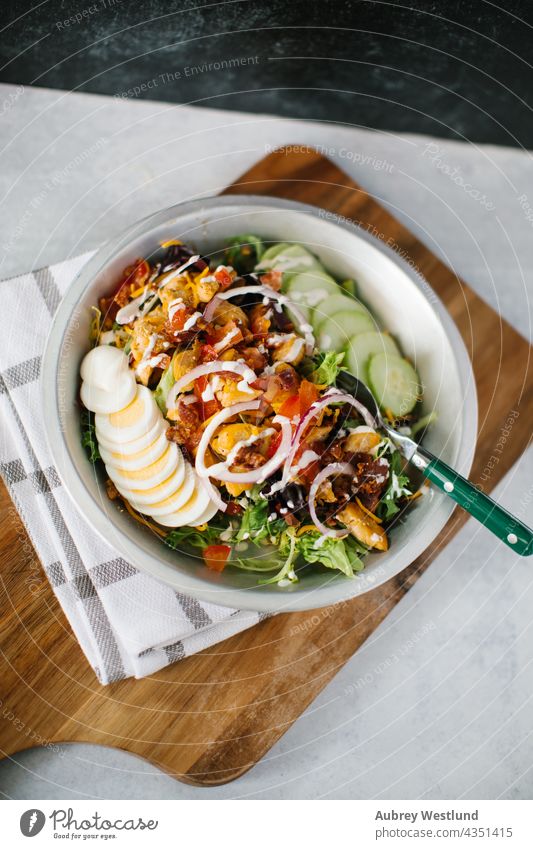fresh cobb salad farmhouse style backdrop american appetizer avocado background bacon blue blue cheese boiled breast brunch chicken chopped classic colorful