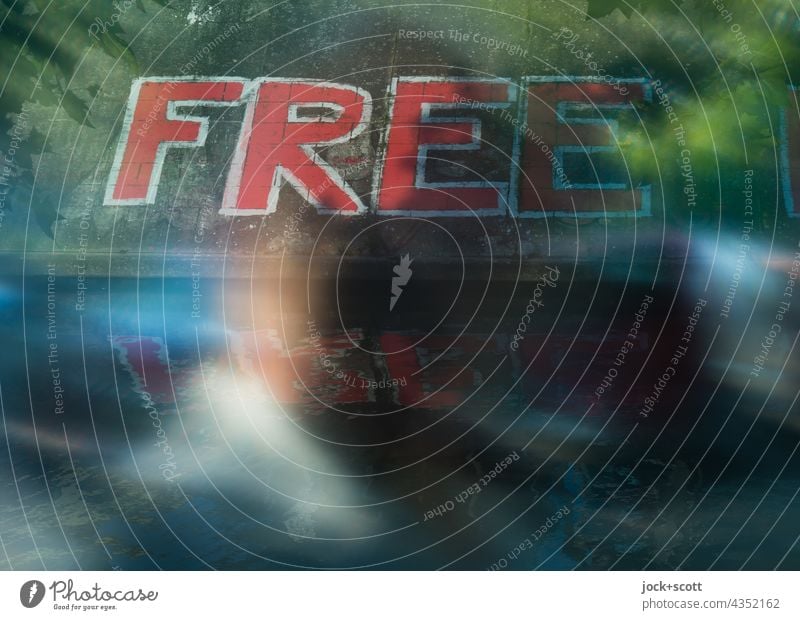 free your mind Free English Street art Abstract Word Capital letter Double exposure Reflection Silhouette blurriness Spirited Graffiti Bank reinforcement Berlin