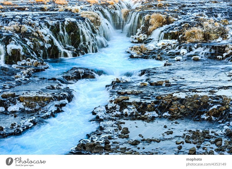 Bruarfoss waterfall in winter, South Iceland Landscape Long exposure Nature Adventure well-known places Blue impressive Lonely freezing cold experience Europe