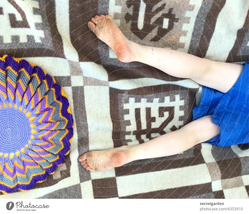 [PARKTOUR HH 2021] it's all a question of perspective. Child Legs Blanket Wool blanket Cushion Retro Pattern pattern mix Summer relaxed feet Dirty Dress