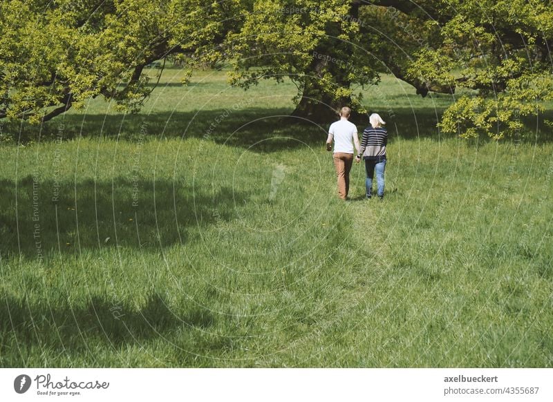 young couple holding hands while walking in nature Couple hold hands Together Love Relationship romantic Lifestyle Nature Romance Summer Park Meadow