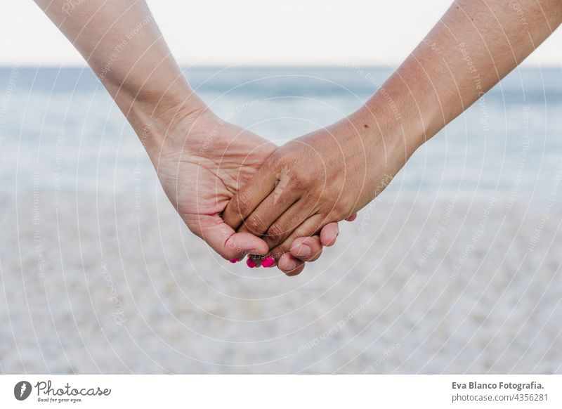 close up view of lesbian couple holding hands at the beach during sunset. Love is love and LGTBI concept unrecognizable women homosexual summer together