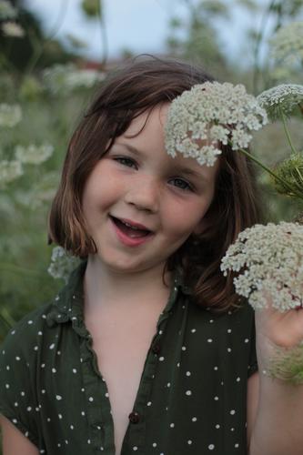 Girl standing in the middle of the flower meadow Umbellifer Wild carrot blossom Dyer's camomile Hemlock Observe look brown hair short hair Stand summer tan