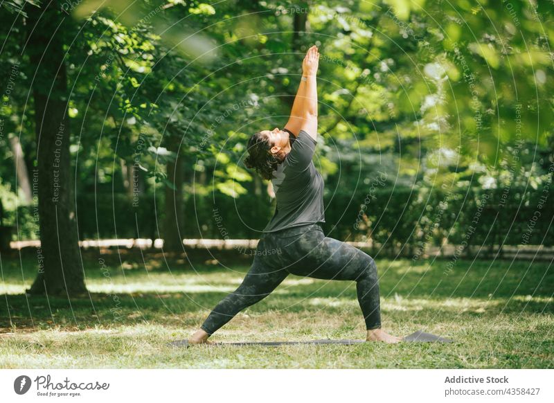 Plump woman performing Crescent Lunge pose in summer park yoga crescent lunge balance healthy lifestyle energy stretch arms raised vitality wellbeing flexible