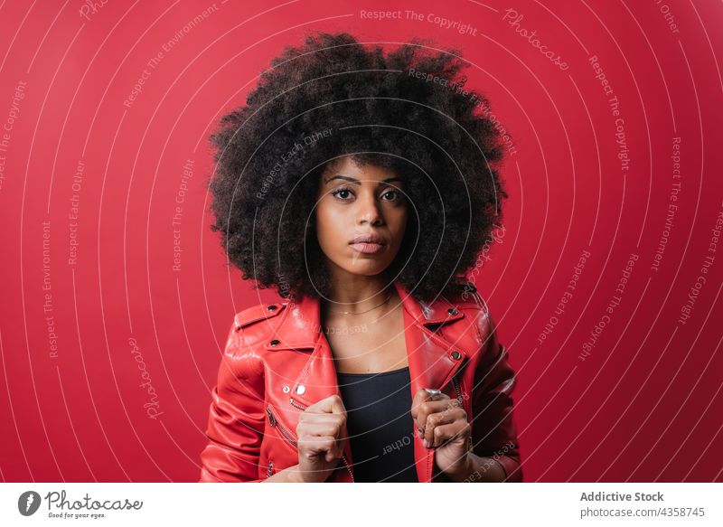 Cheerful black woman with curly hair looking at camera on red background afro hairstyle cheerful appearance smile color charming female ethnic african american