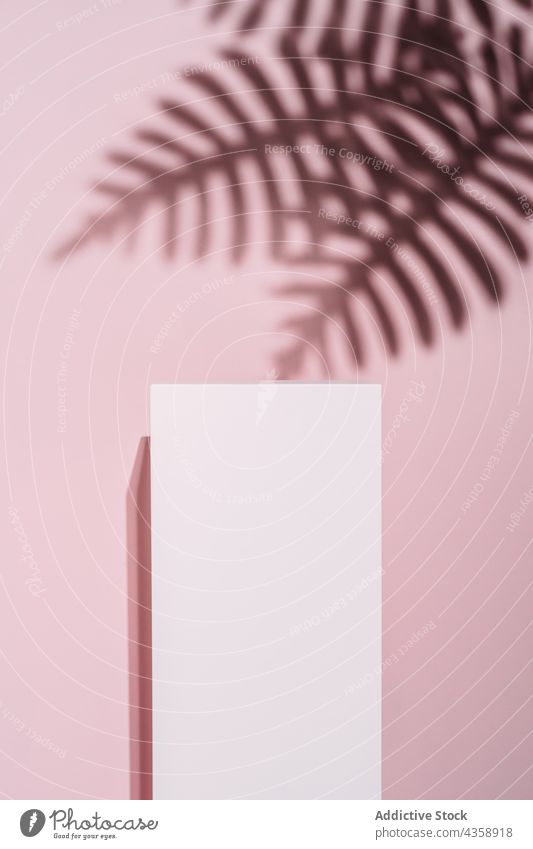 White box pedestal against pink background white shadow product stage summer minimal wall art conceptual product placement abstract natural sunlight leaf