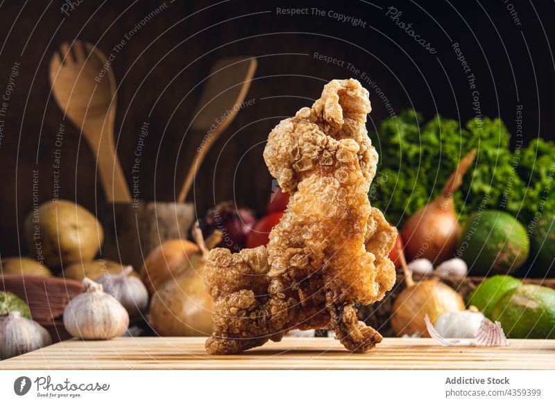 Delicious crispy fried chicken on wooden board in kitchen fast food junk food cuisine tasty nutrition delicious meal vegetable fresh serve meat yummy