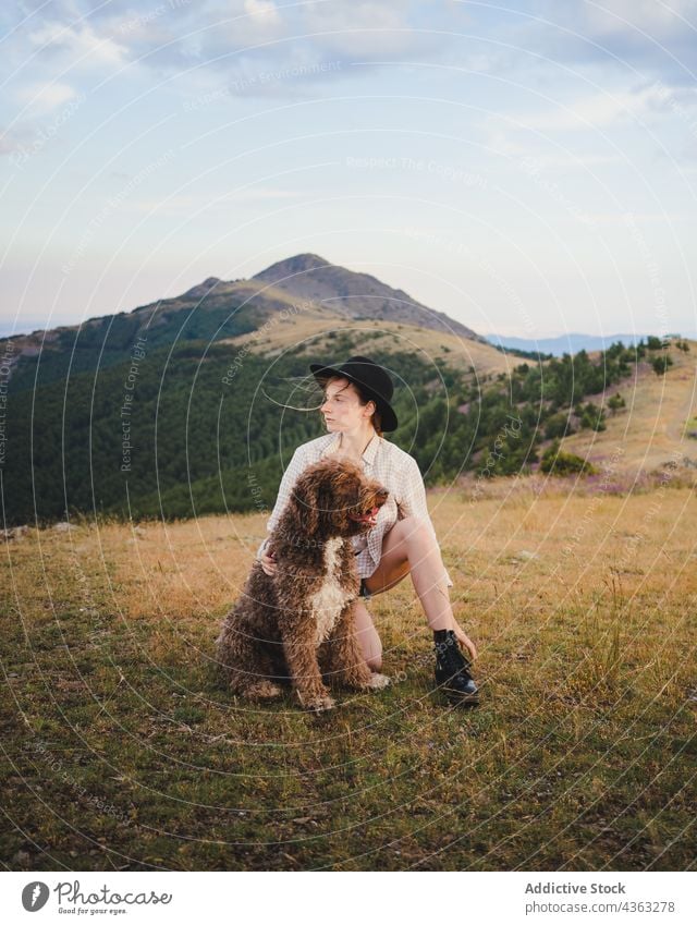 Woman with fluffy dog on meadow woman labradoodle friend animal pet owner female canine mountain together loyal breed nature companion countryside best friend