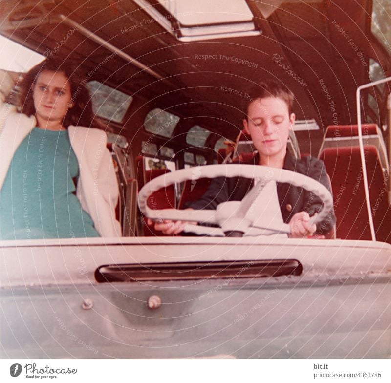 Spaces l between steering wheel, passenger & escape vehicle Woman women Young woman youthful 80s Bus Old Vintage Nostalgia nostalgically Analog Driving Vehicle