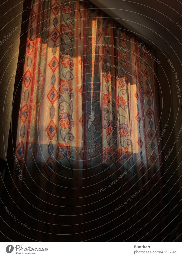 In the morning behind the curtain Curtain Window Drape Cloth Living or residing Light Flat (apartment) Interior shot Decoration Deserted Interior design