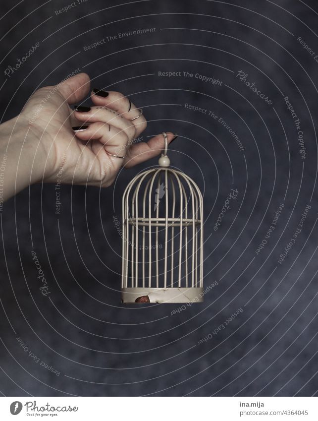 tattooed hand with black nails holds a small rusty cage Cage Captured Tattooed Black Bird's cage secret mystery Mysterious Confine Occupying Grating Border jail
