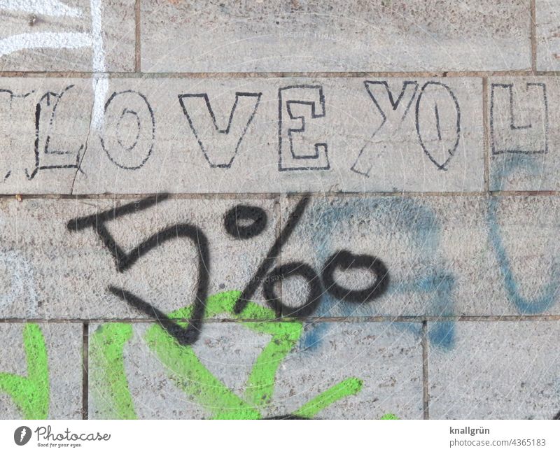 Love you 5 ‰ Graffiti Humor Wall (building) Wall (barrier) Facade Emotions wittily per mil Characters Exterior shot Colour photo Deserted Town Communicate Day