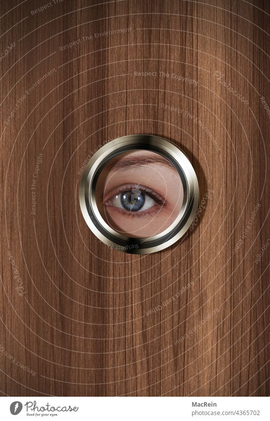 Young woman looking through a peephole 20-30 years on one's own Eyes eye area Observe look at Looking one person Adults more adult European color photograph