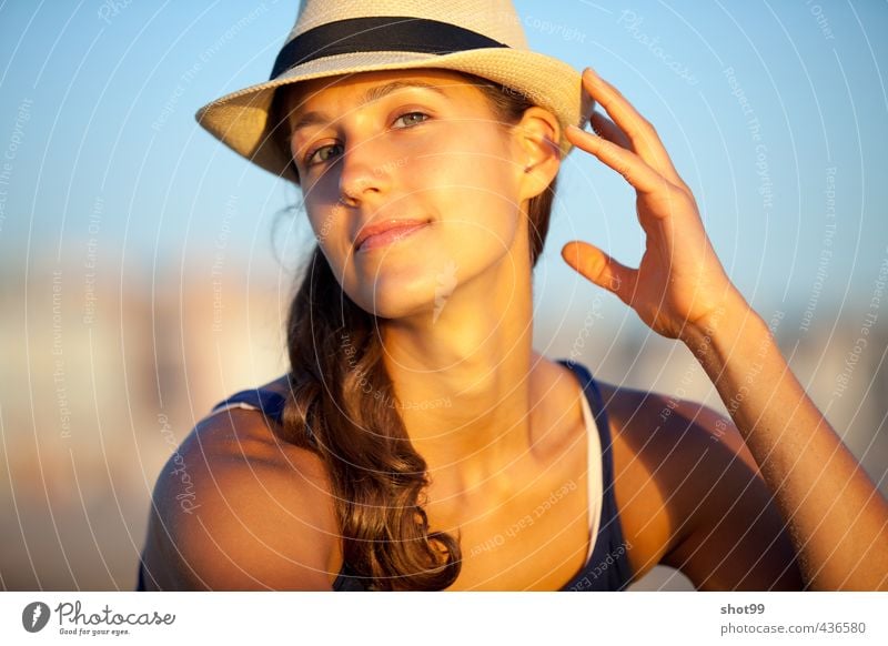 Woman with hat at the beach of Venice Beach Hat Looking Smiling Face Hair Relaxation To enjoy Tank top Blue Vacation & Travel California Los Angeles USA Water