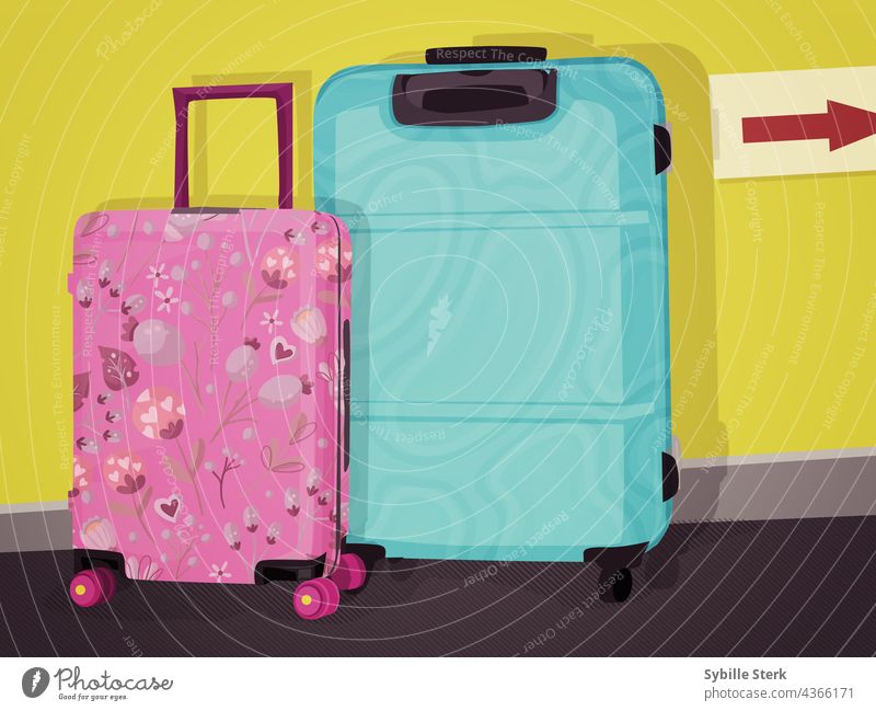 His and her suitcases at airport his and hers blue pink flower cameo travelling trip holiday traveler luggage Airport Vacation & Travel flight journey