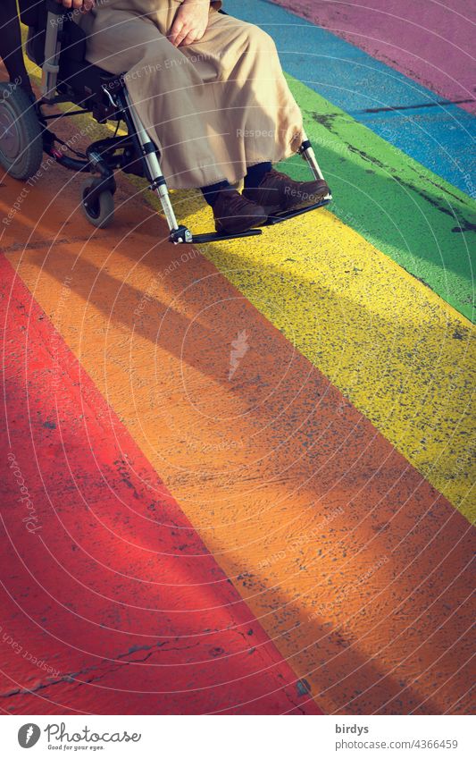 Wheelchair user on a rainbow colored crosswalk wheelchair users Prismatic colors Company physical impairment handicap Mobility Healthy care diversity