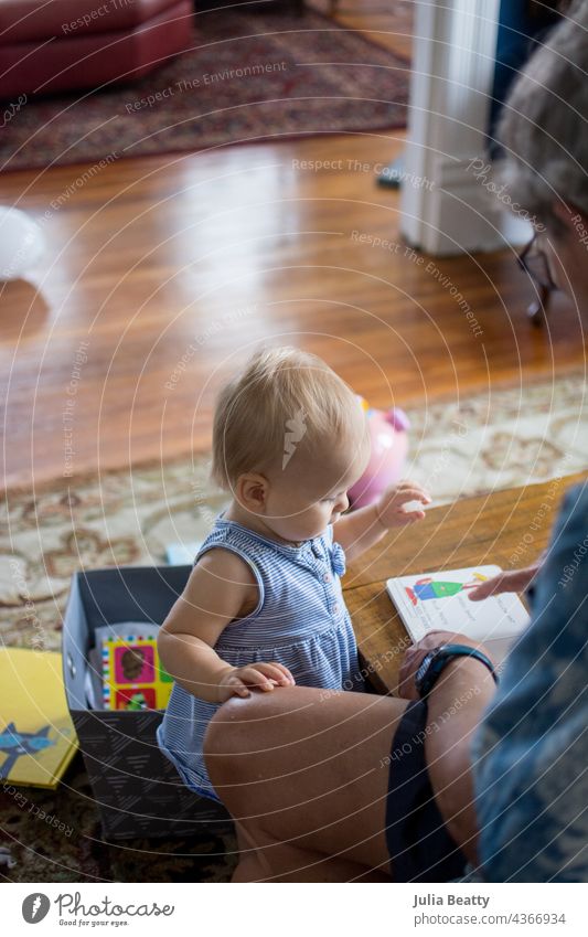 One year old girl being read to by her Grandfather; older home with wood floors, woven rug, toys, and wood furniture in background reading literacy